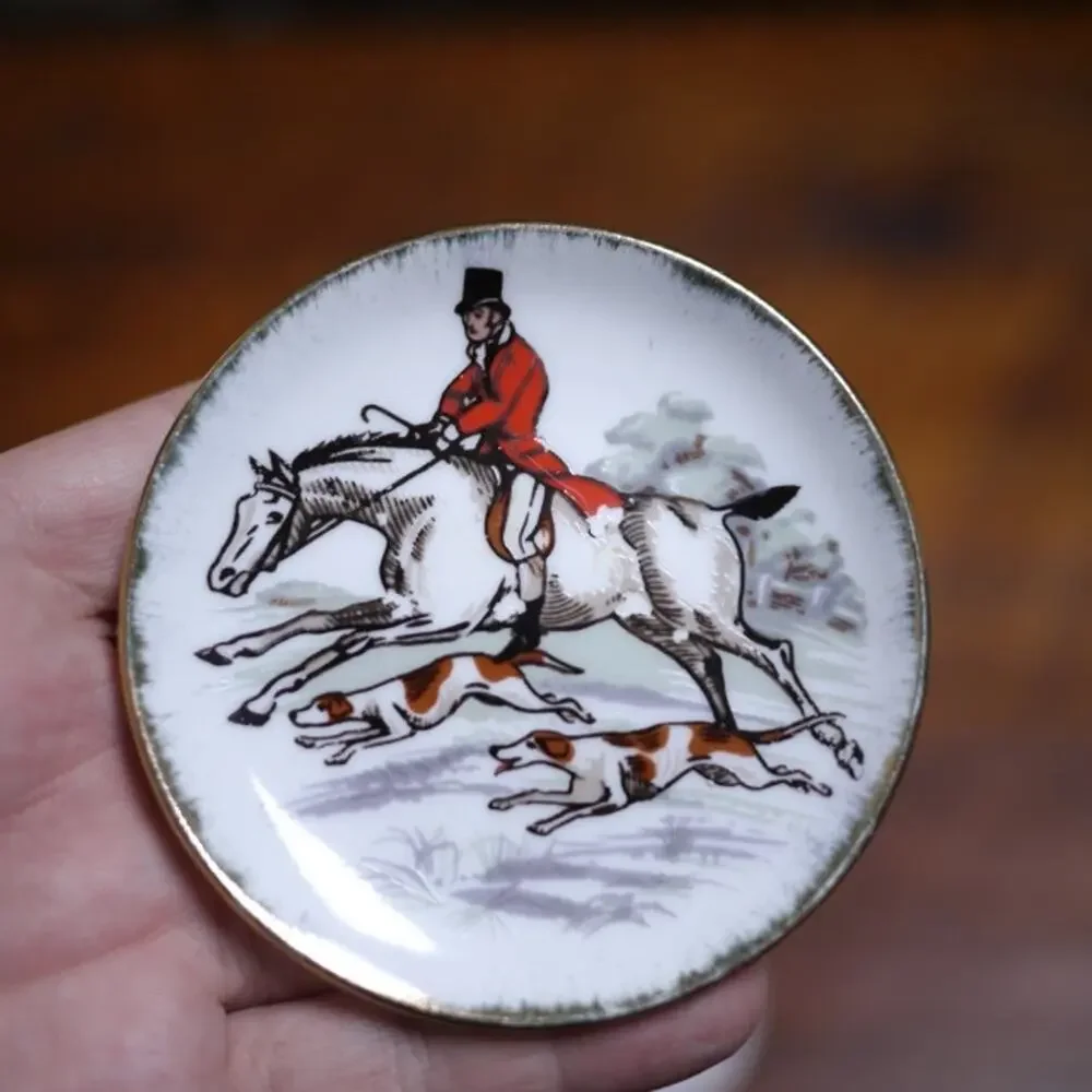 Pair Vintage Coimbra Portugal Equestrian Hunting Ceramic Saucer Plates Coasters